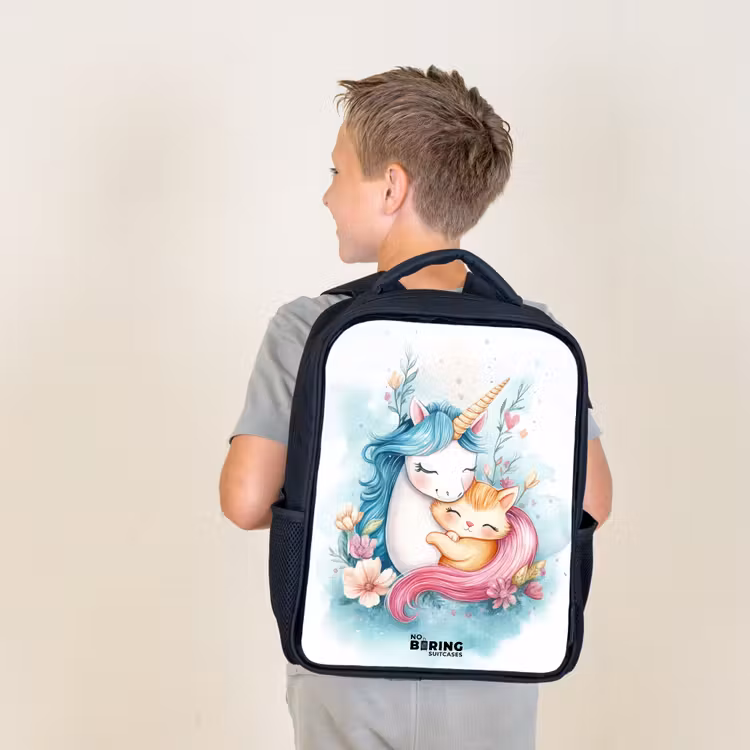 Kids backpack - Unicorn with blue mane and orange kitten — 2