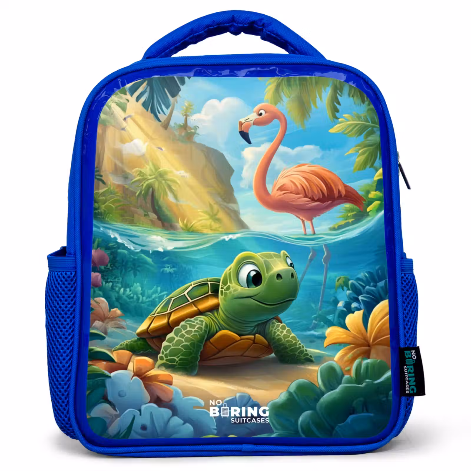 Kids backpack - Blue - Turtle in tropical water with flamingo — 1