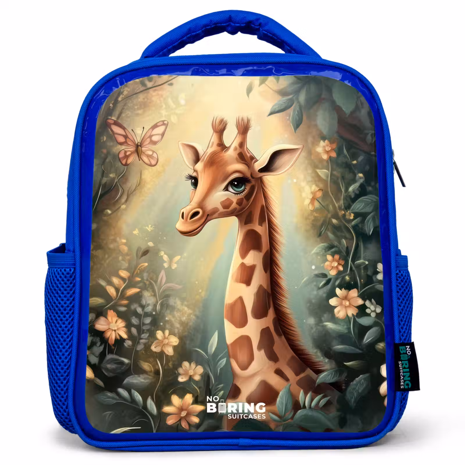 Kids backpack - Blue - Young giraffe among flowers in sunny forest — 1