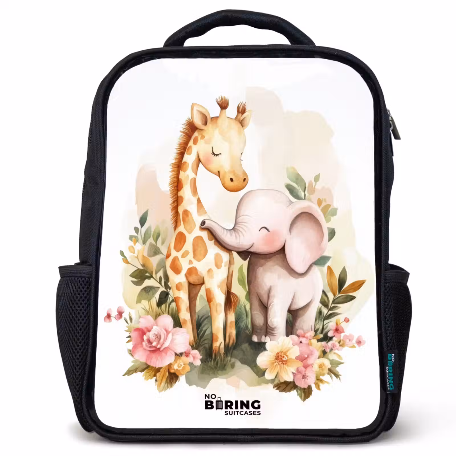 Kids backpack - Giraffe and elephant among flowers on white background — 1