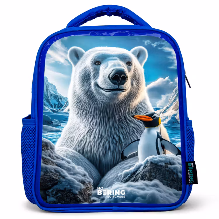 Kids backpack - Blue - Polar bear and penguin in snowy mountain landscape — 1