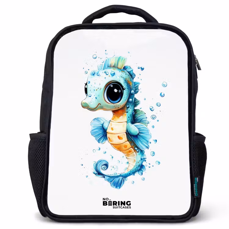 Kids backpack - Blue seahorse with big eyes and bubbles — 1