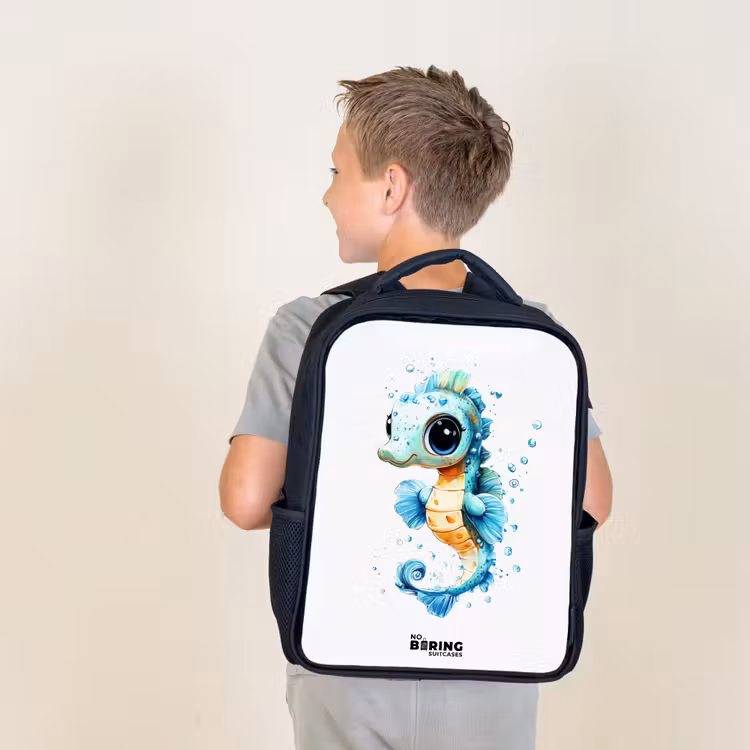 Kids backpack - Blue seahorse with big eyes and bubbles — 2
