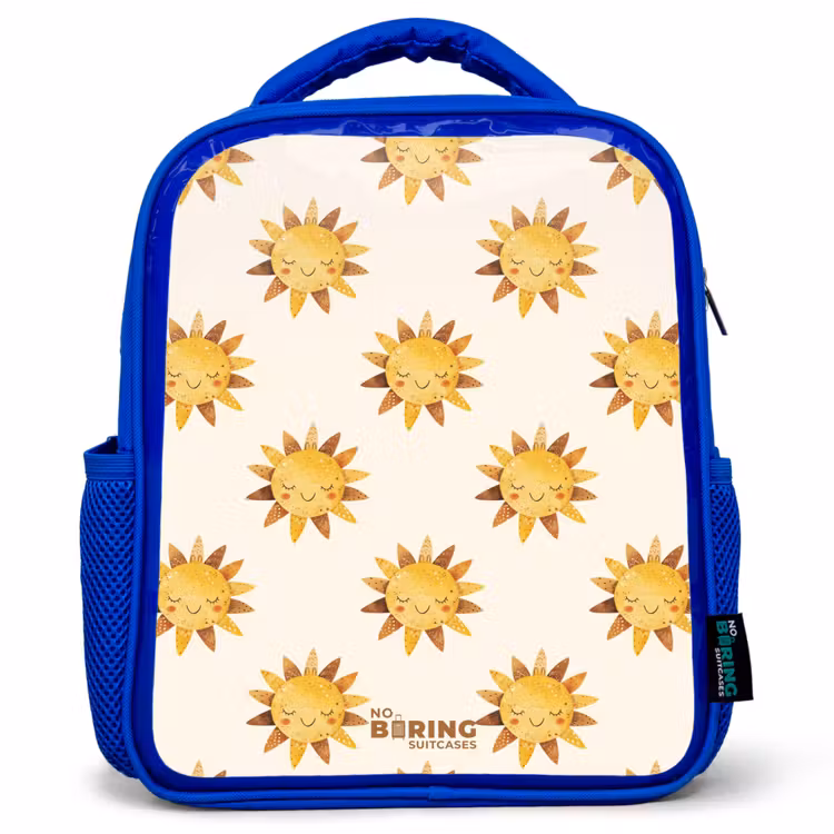 Kids backpack - Blue - Smiling suns as a pattern on beige background — 1