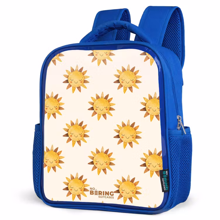 Kids backpack - Blue - Smiling suns as a pattern on beige background — 3