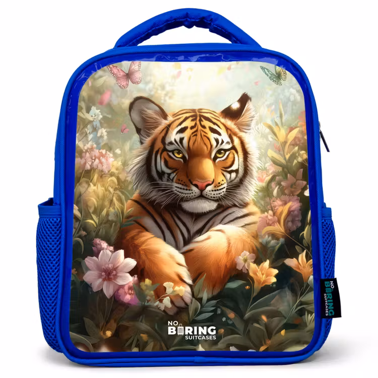 Kids backpack - Blue - Tiger in field of flowers with butterflies and sunlight — 1
