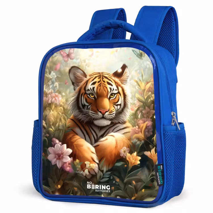 Kids backpack - Blue - Tiger in field of flowers with butterflies and sunlight — 3