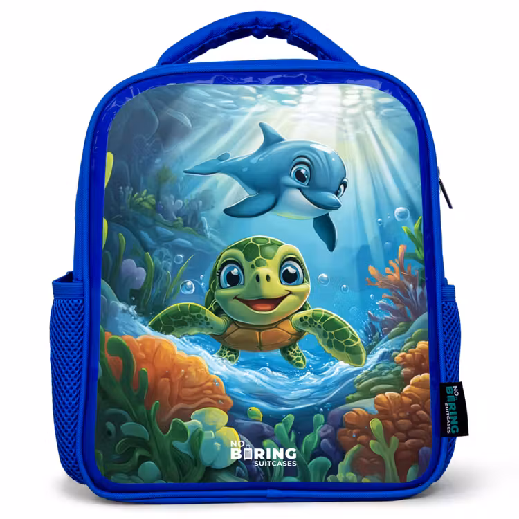 Kids backpack - Blue - Turtle and dolphin in blue ocean — 1