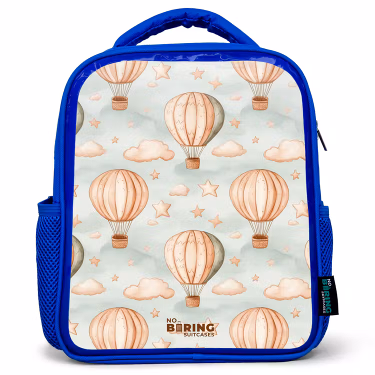Kids backpack - Blue - Vintage hot air balloons in sepia with clouds and stars — 1