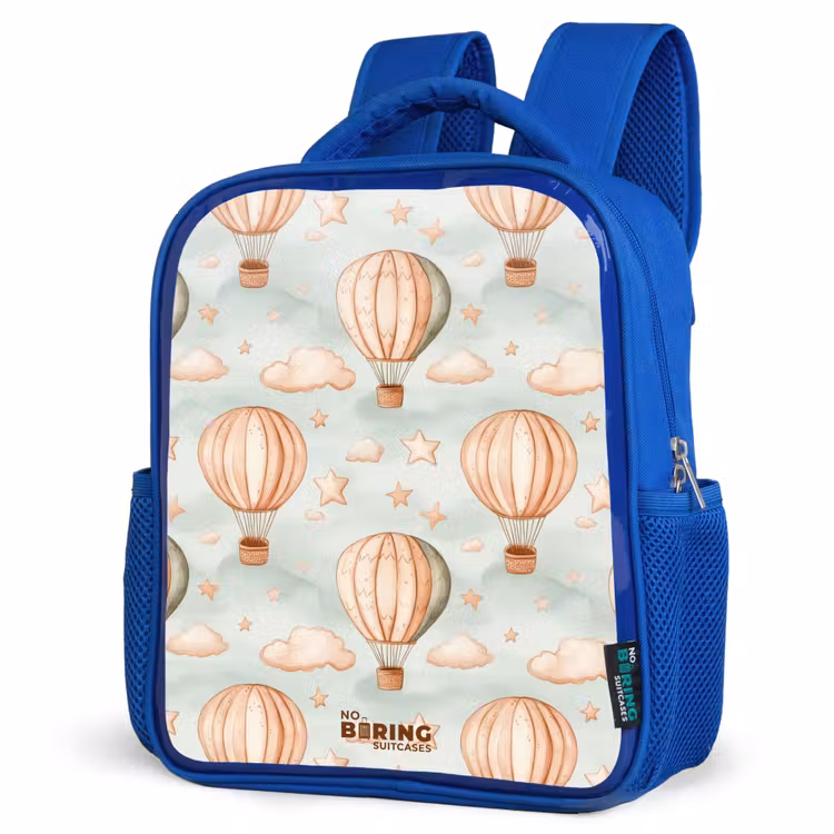 Kids backpack - Blue - Vintage hot air balloons in sepia with clouds and stars — 3