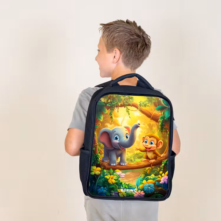Kids backpack - Elephant and monkey in colorful jungle — 2