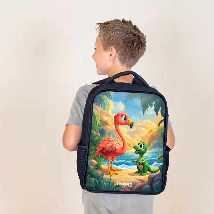 Kids backpack - Flamingo and dinosaur on beach at sunset — 2