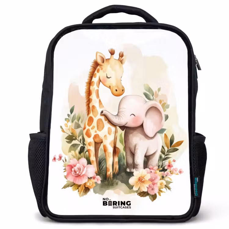 Kids backpack - Giraffe and elephant among flowers on white background — 1