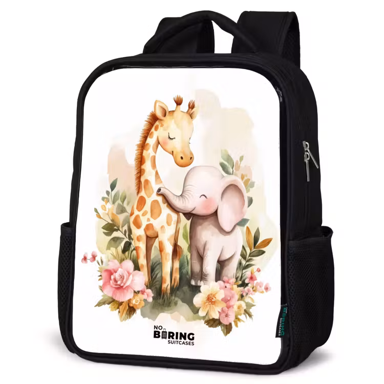 Kids backpack - Giraffe and elephant among flowers on white background — 4