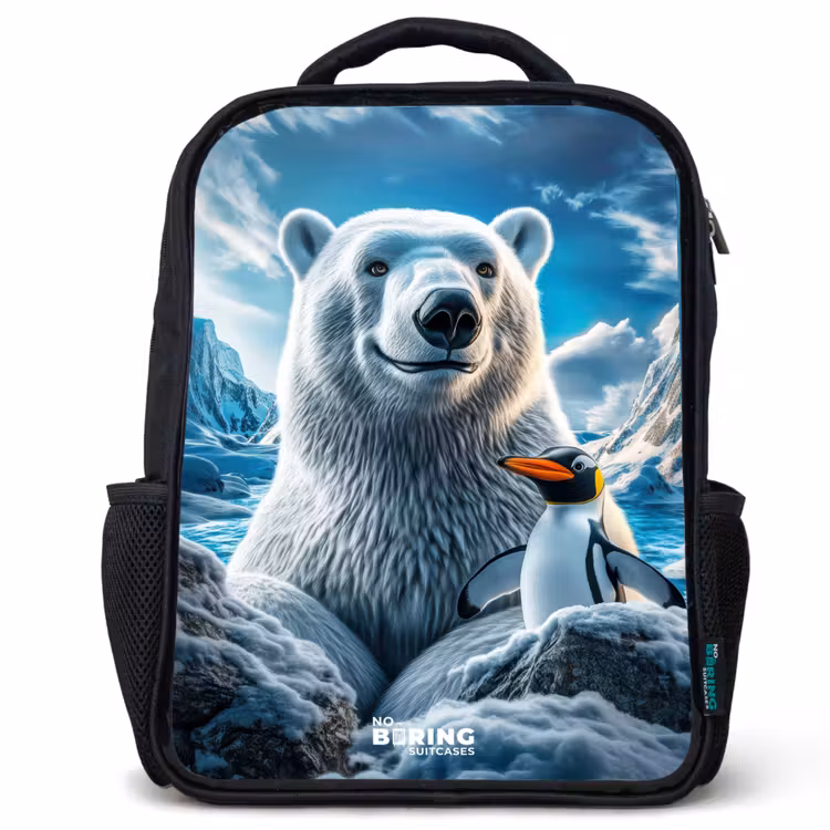 Kids backpack - Polar bear and penguin in snowy mountain landscape — 1