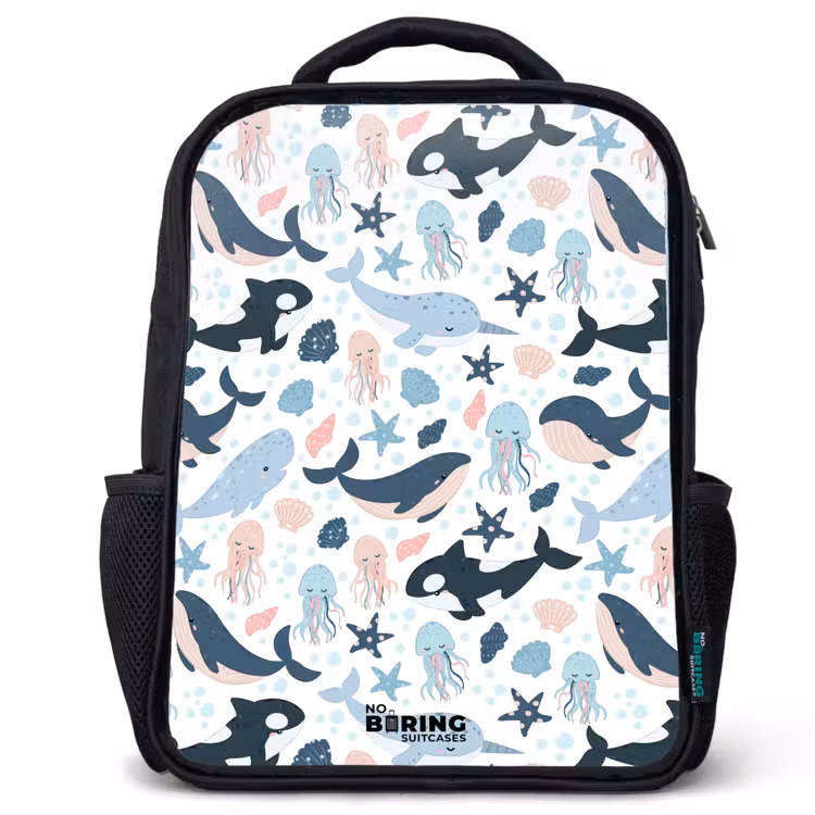 Kids backpack - Sea animal pattern with whales, jellyfish and orcas — 1