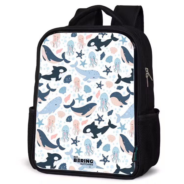 Kids backpack - Sea animal pattern with whales, jellyfish and orcas — 4