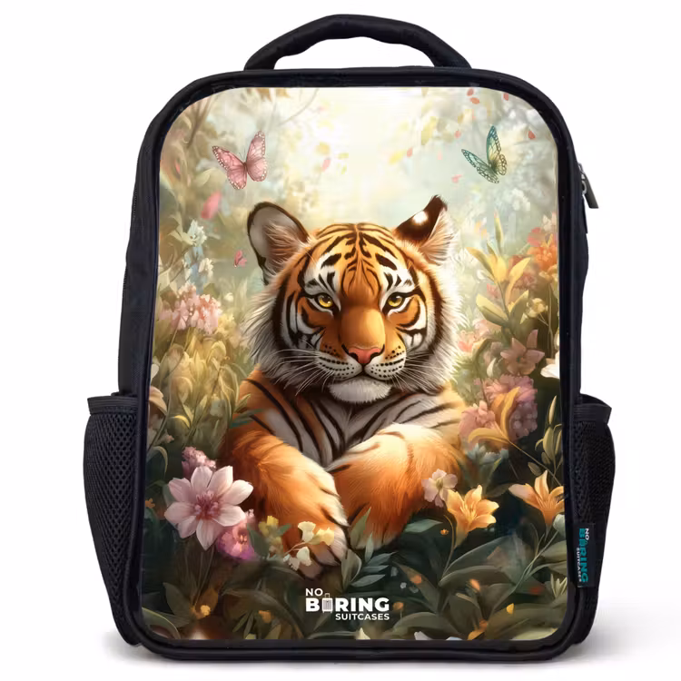Kids backpack - Tiger in field of flowers with butterflies and sunlight — 1