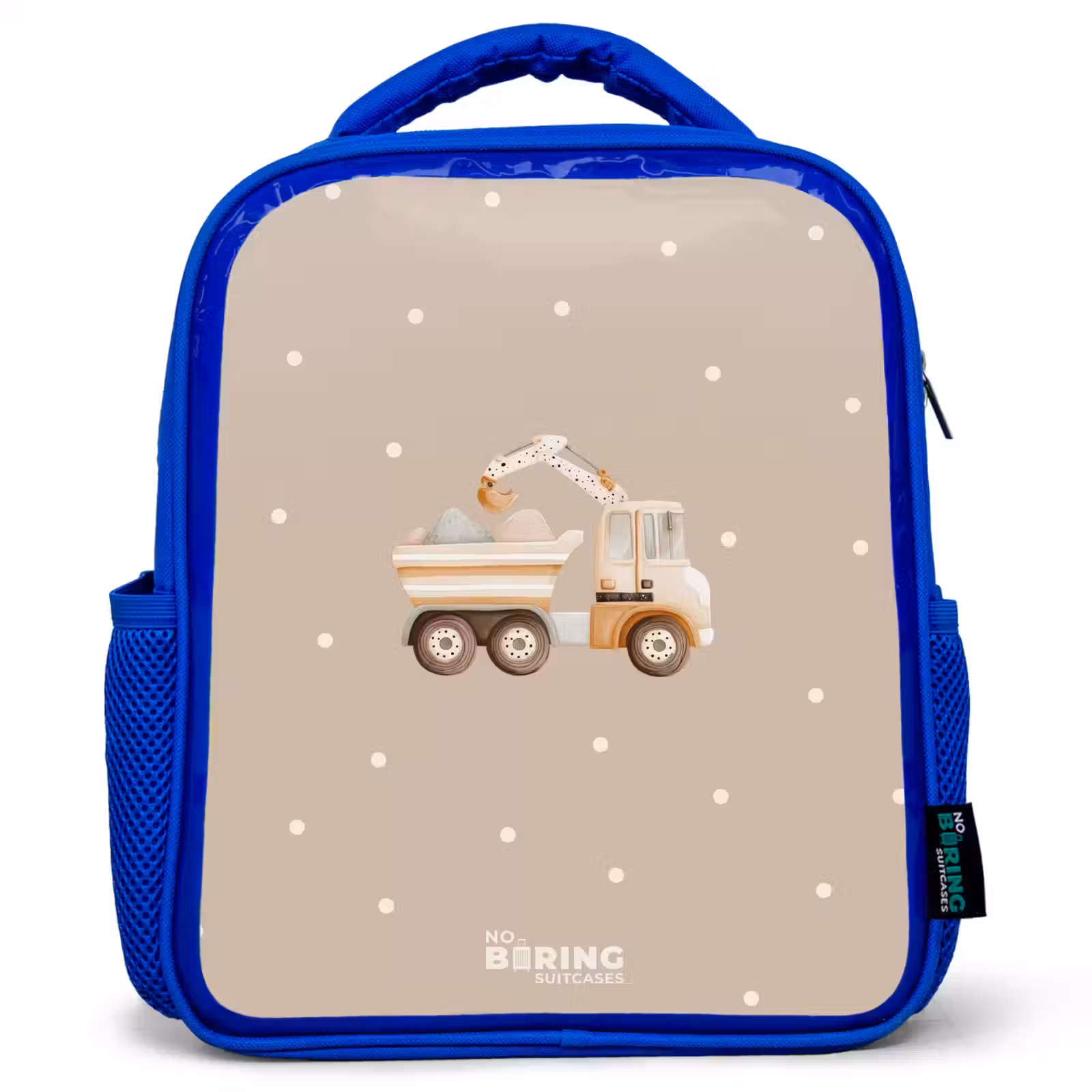 Kids backpack - Blue - Yellow dump truck with stones and dot pattern — 1