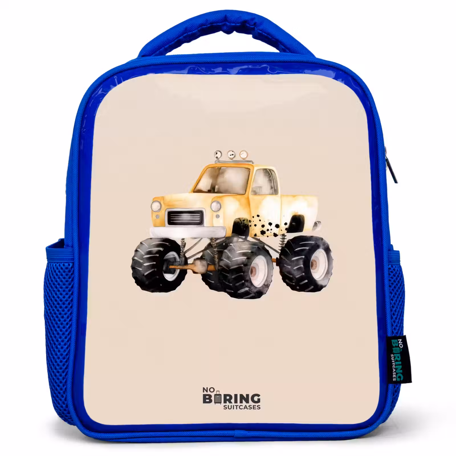 Kids backpack - Blue - Yellow monster truck on a beige background — 1