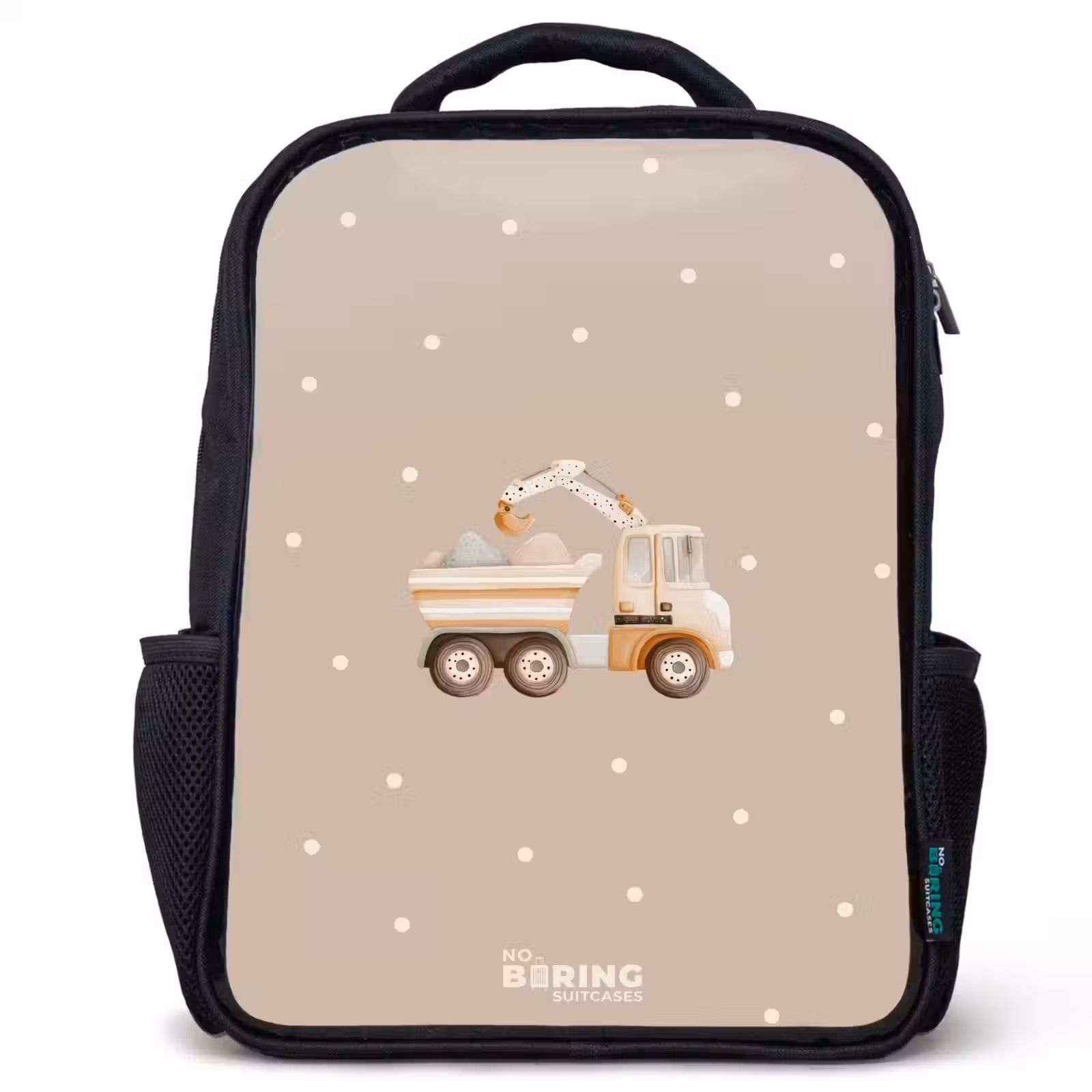 Kids backpack - Yellow dump truck with stones and dot pattern — 1