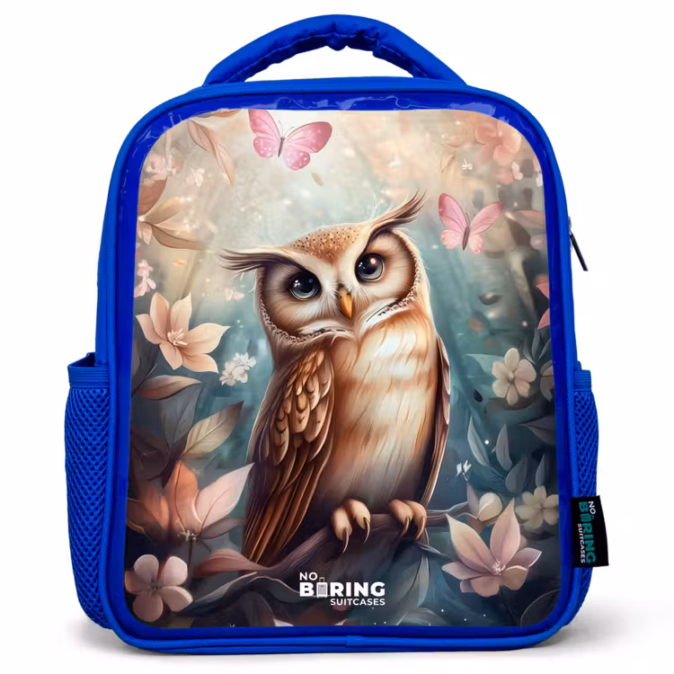 Kids backpack - Blue - Owl with butterflies in mystical forest — 1