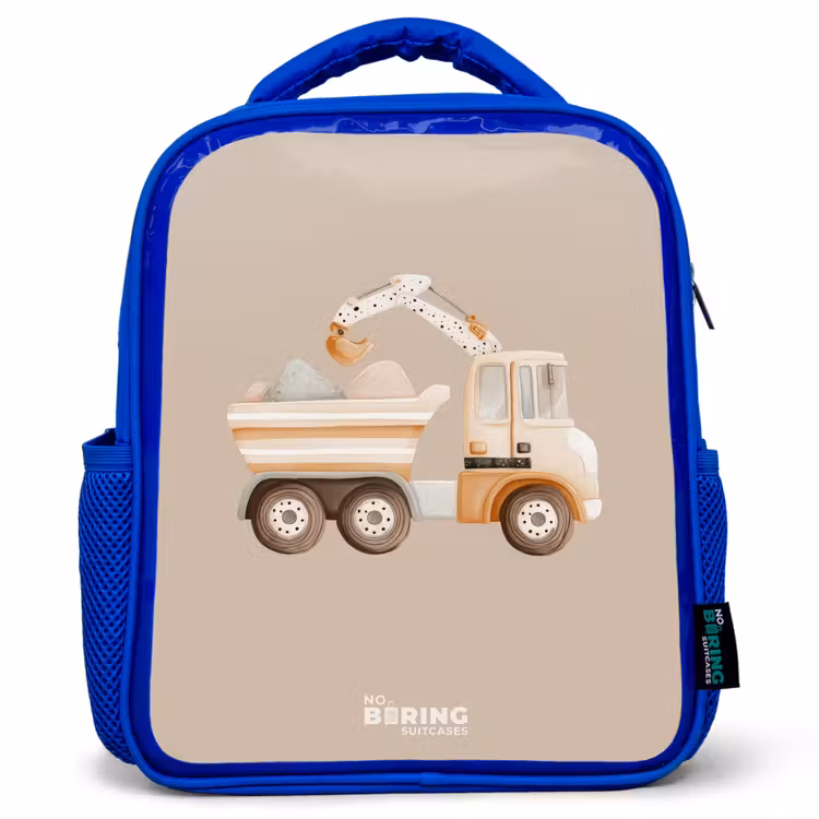 Kids backpack - Blue - Yellow dump truck in neutral colors — 1