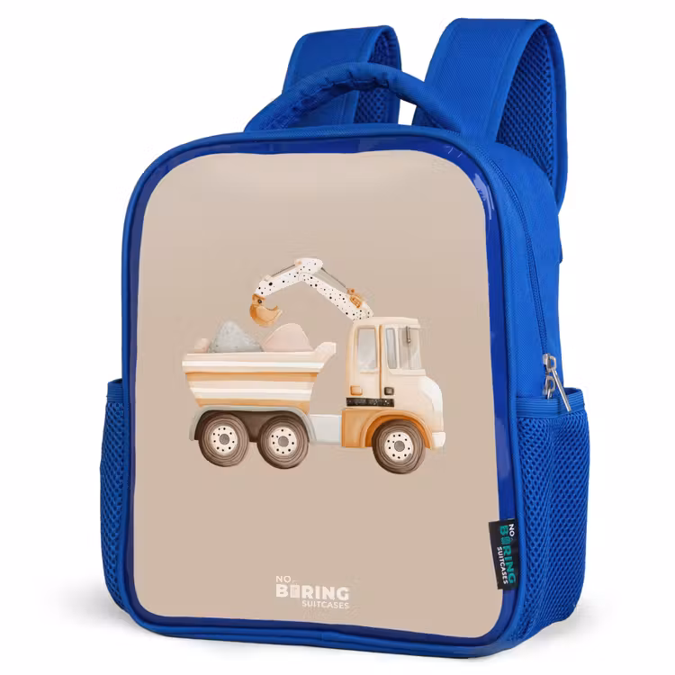 Kids backpack - Blue - Yellow dump truck in neutral colors — 3
