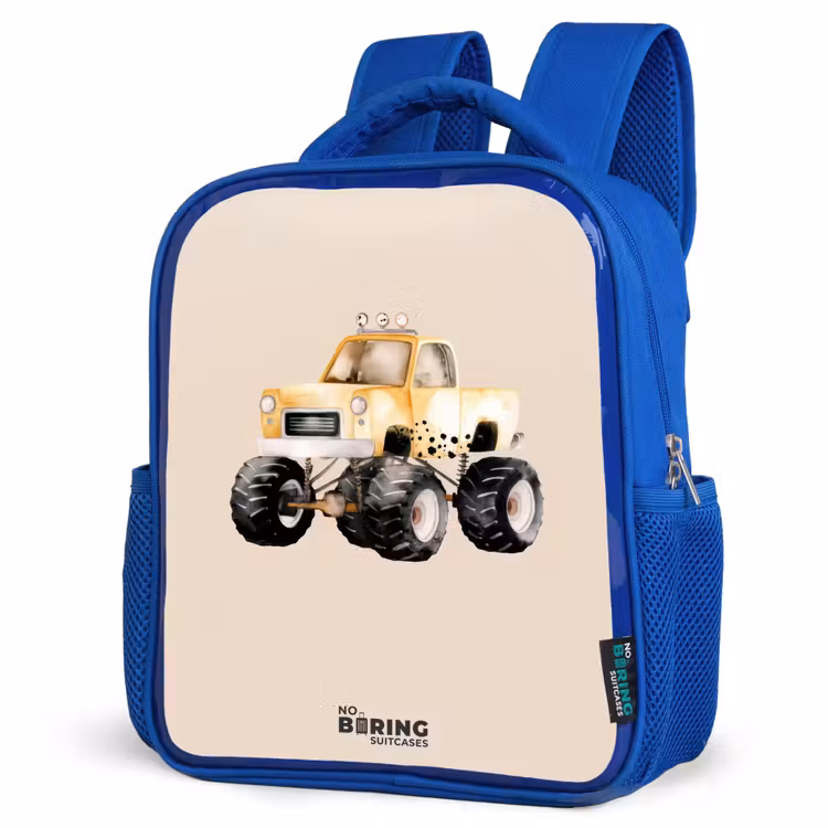 Kids backpack - Blue - Yellow monster truck on a beige background — 3
