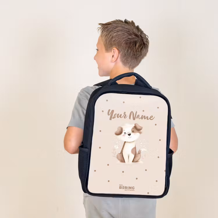 Kids backpack - Dog puppy surrounded by brown dots — 2