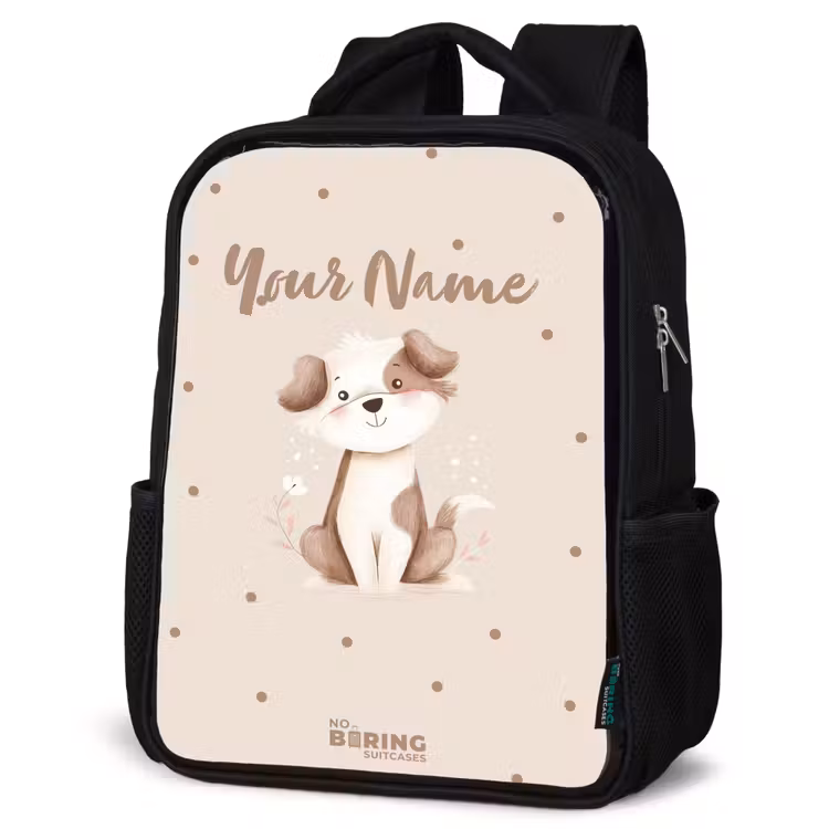 Kids backpack - Dog puppy surrounded by brown dots — 4