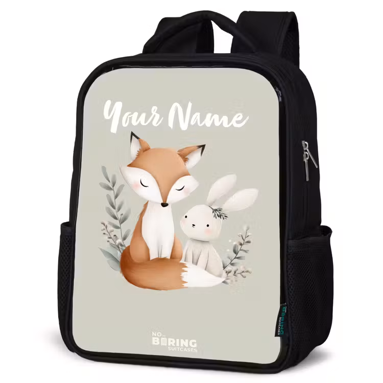 Kids backpack - Fox and rabbit surrounded by green leaves — 4