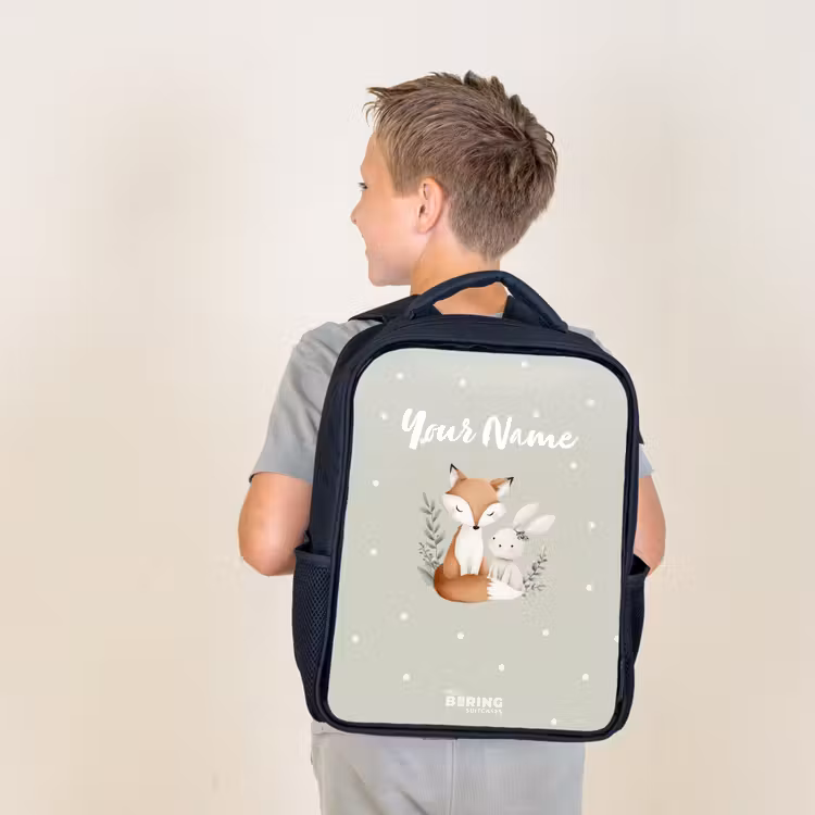 Kids backpack - Fox and rabbit surrounded by green leaves and dots — 2