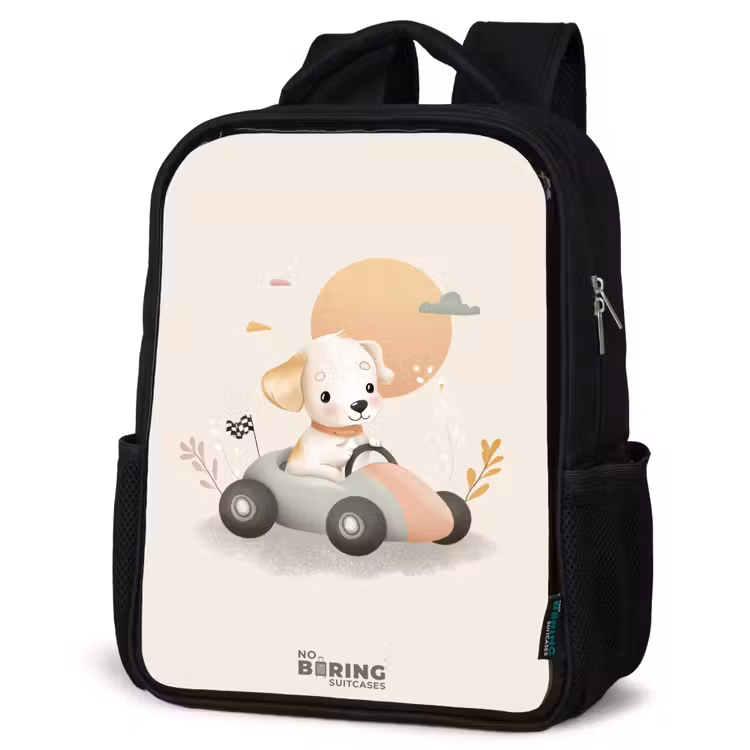 Kids backpack - Puppy in a race car in beige colors — 4
