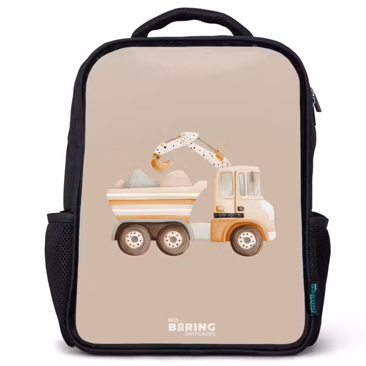 Kids backpack - Yellow dump truck in neutral colors — 1