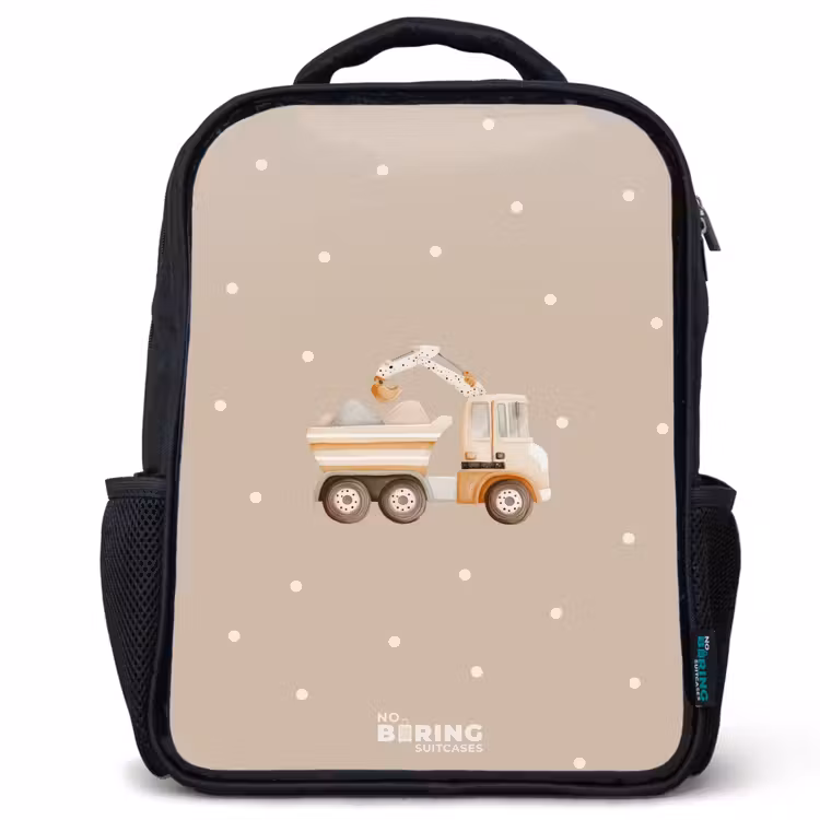 Kids backpack - Yellow dump truck with stones and dot pattern — 1