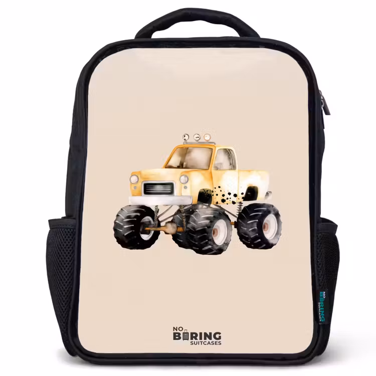 Kids backpack - Yellow monster truck on a beige background — 1