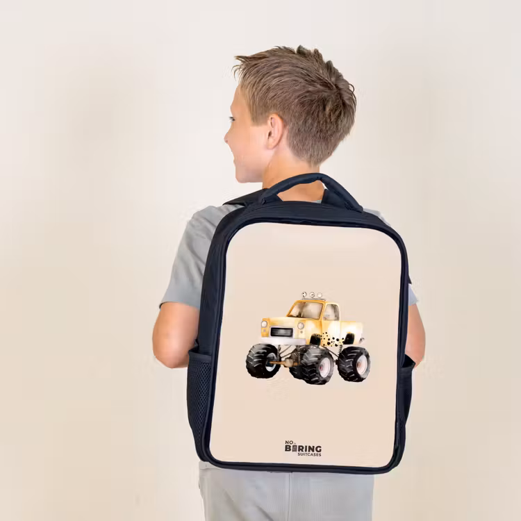 Kids backpack - Yellow monster truck on a beige background — 2