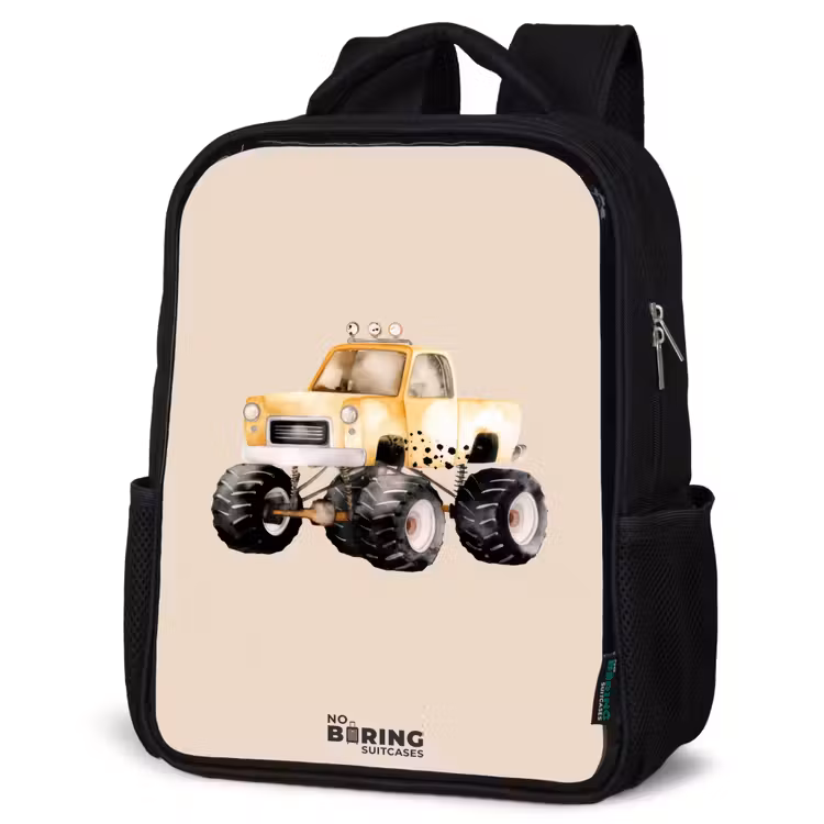 Kids backpack - Yellow monster truck on a beige background — 4