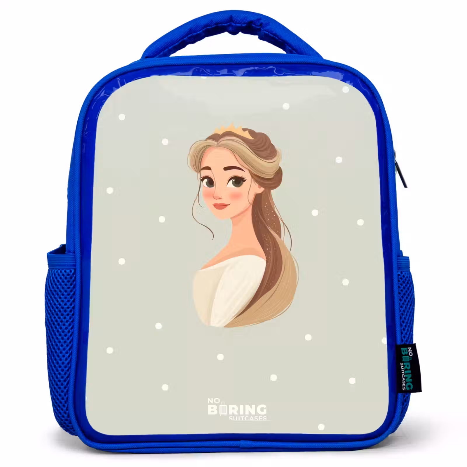 Kids backpack - Blue - Princess with tiara on green polka dot background — 1