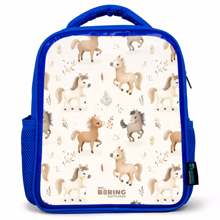 Kids backpack - Blue - Pattern of foals in beige and brown colors — 1