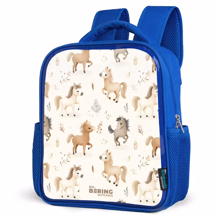 Kids backpack - Blue - Pattern of foals in beige and brown colors — 3