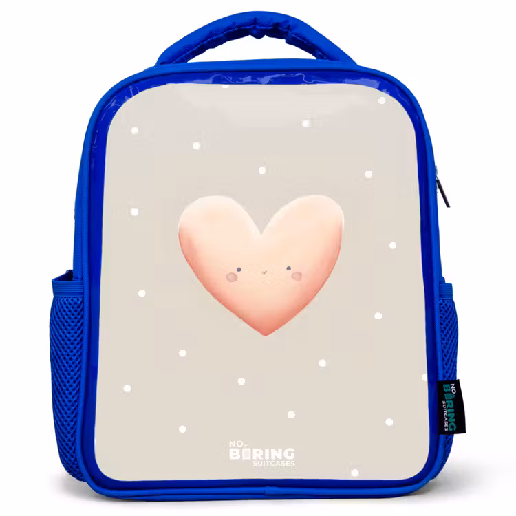 Kids backpack - Blue - Pink heart surrounded by beige dots — 1