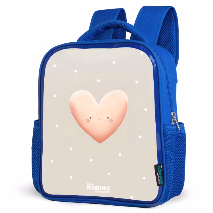 Kids backpack - Blue - Pink heart surrounded by beige dots — 3