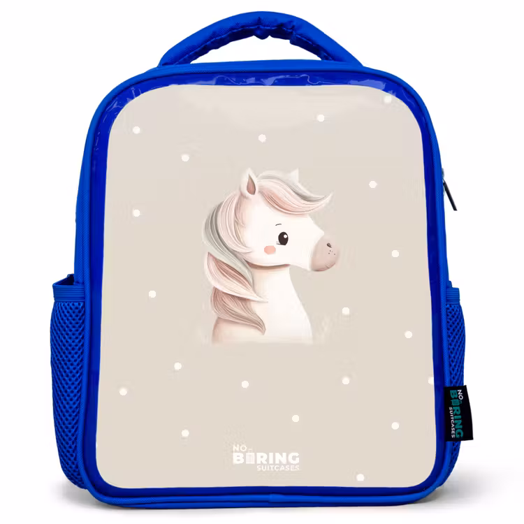 Kids backpack - Blue - Pony surrounded by dots in beige colors — 1