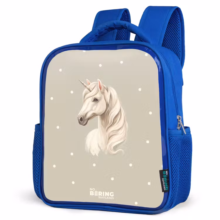Kids backpack - Blue - Unicorn surrounded by polka dots in neutral colors — 3