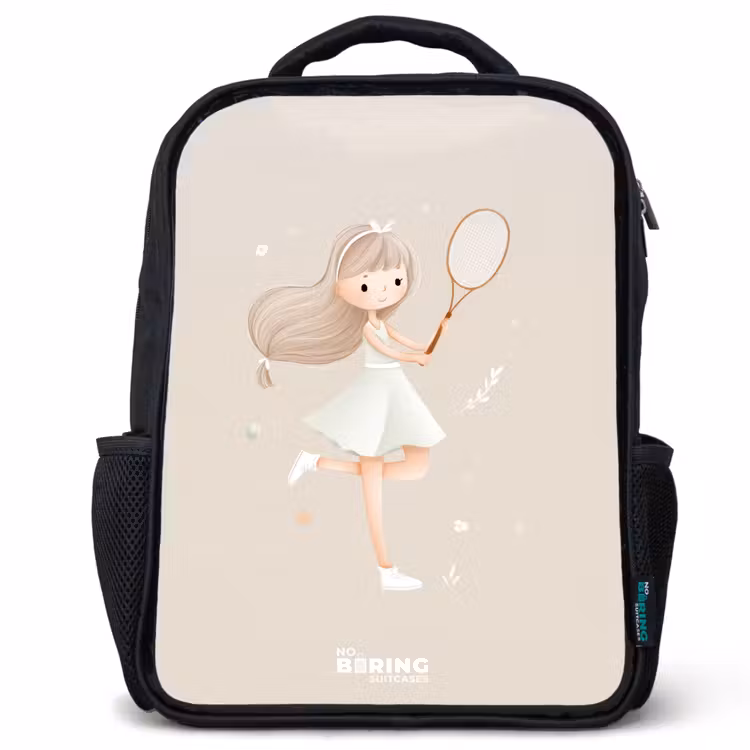 Kids backpack - Girl plays tennis in beige colors — 1
