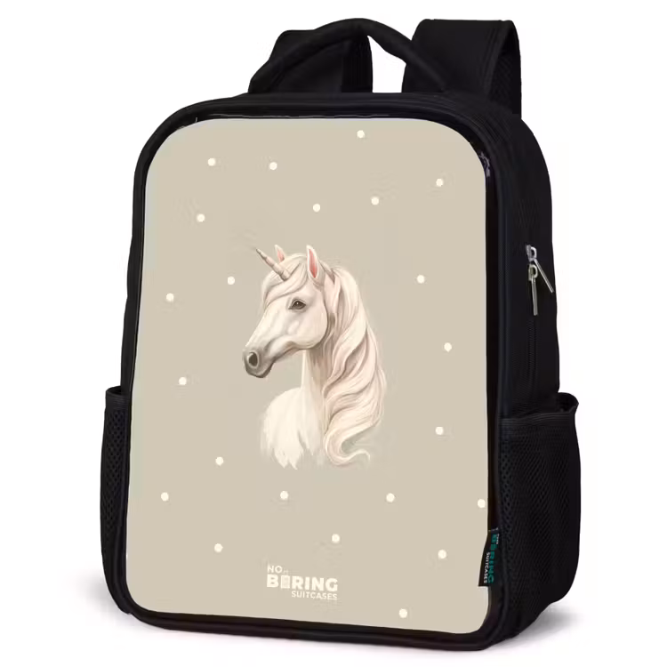 Kids backpack - Unicorn surrounded by polka dots in neutral colors — 4