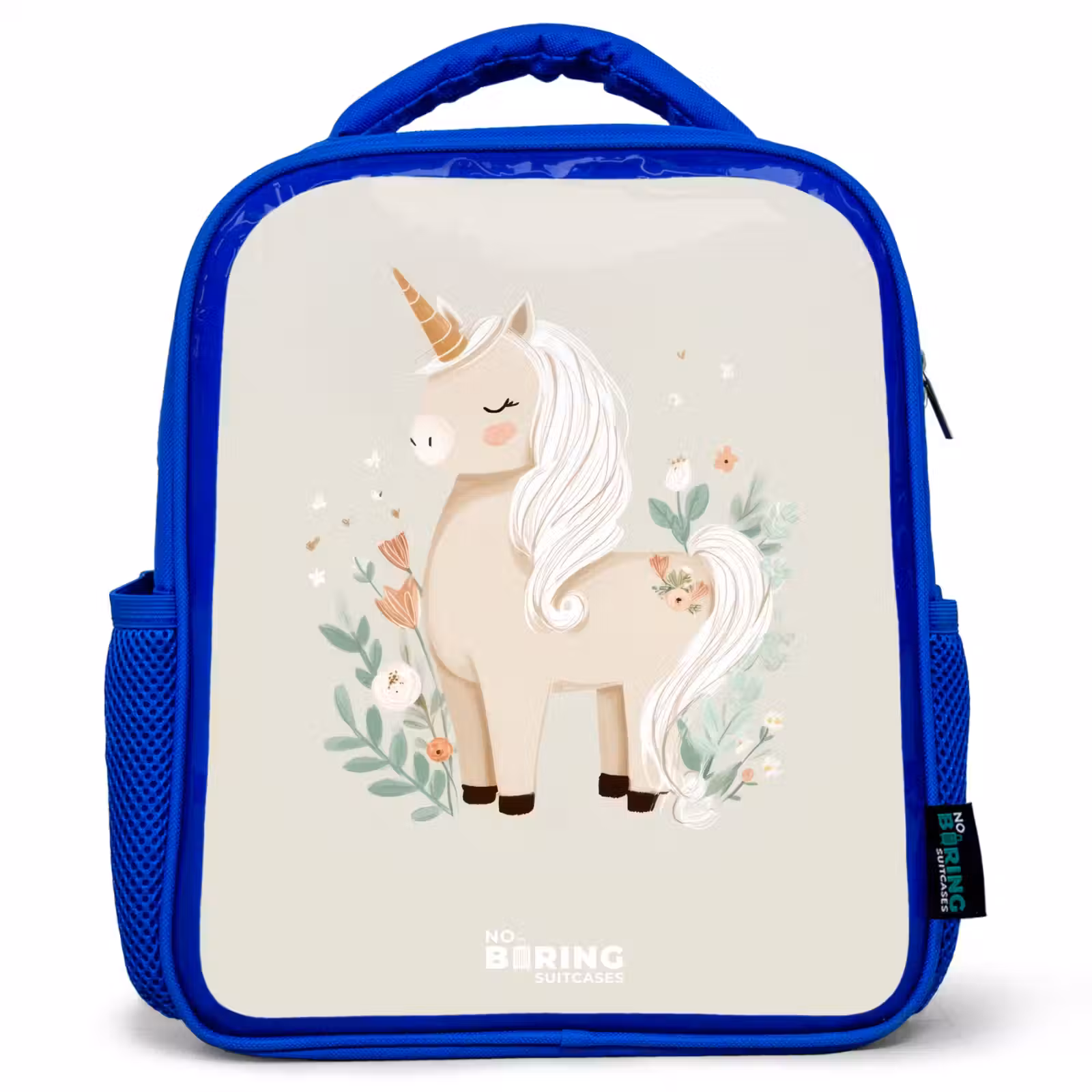 Kids backpack - Blue - Unicorn among flowers in beige colors — 1