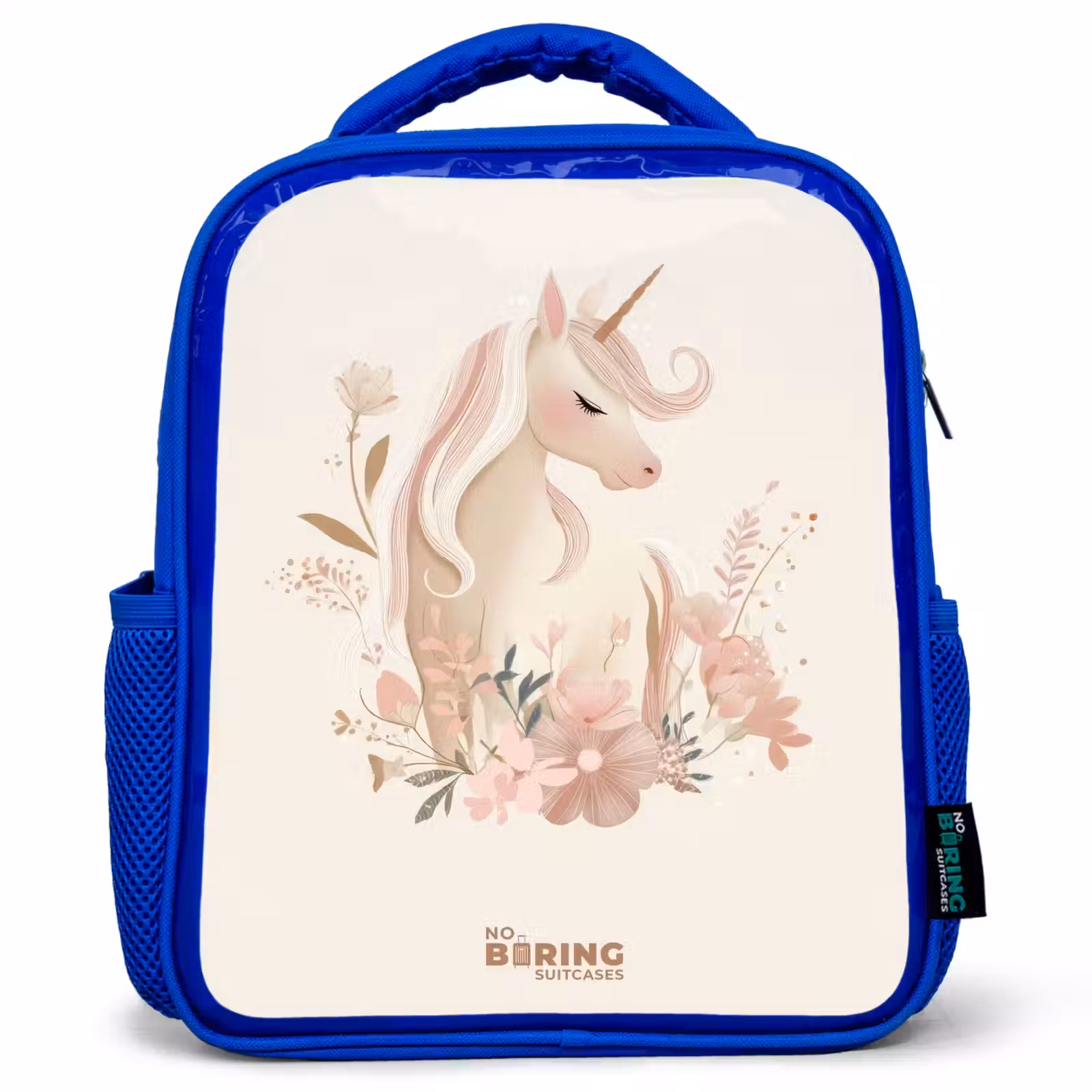 Kids backpack - Blue - Unicorn among flowers in pink pastel colors — 1